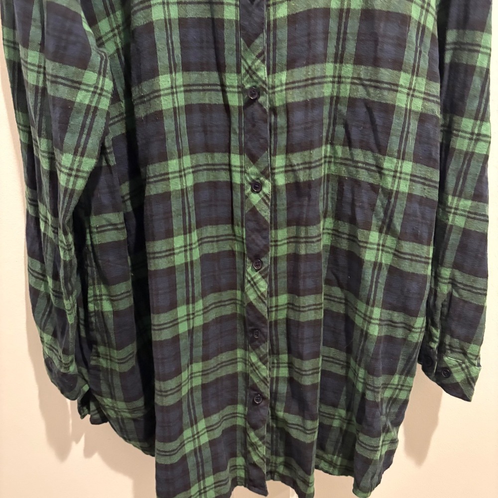 The Vermont Country Store Flannel Tunic Plaid Shirt XL Green Navy Oversized Cozy - Picture 4 of 10